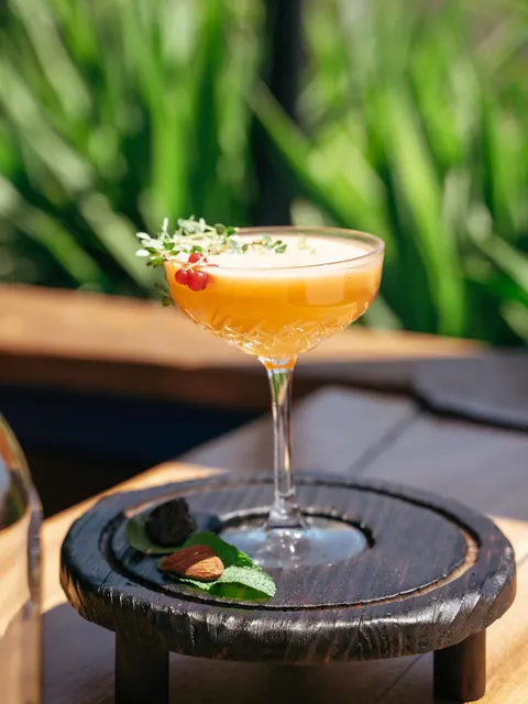 An amber coupe cocktail with thyme and redcurrants on a dark wooden stand.