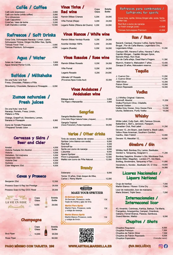 Drinks list: coffee, soft drinks, beer, wine, spirits and shots.