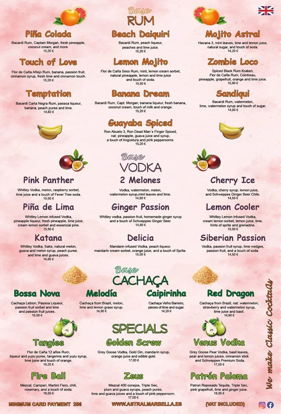 Menu page: rum, vodka, cachaça and specials.