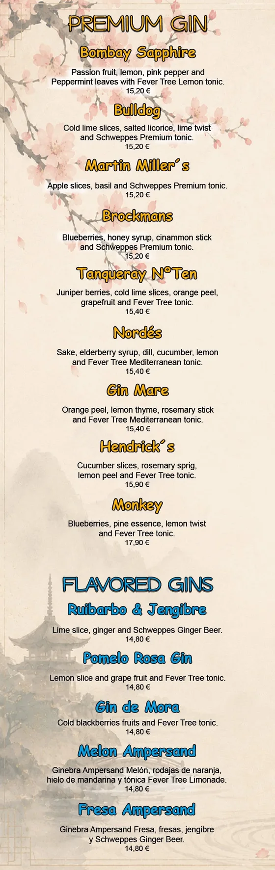 Menu page: premium and flavoured gins.
