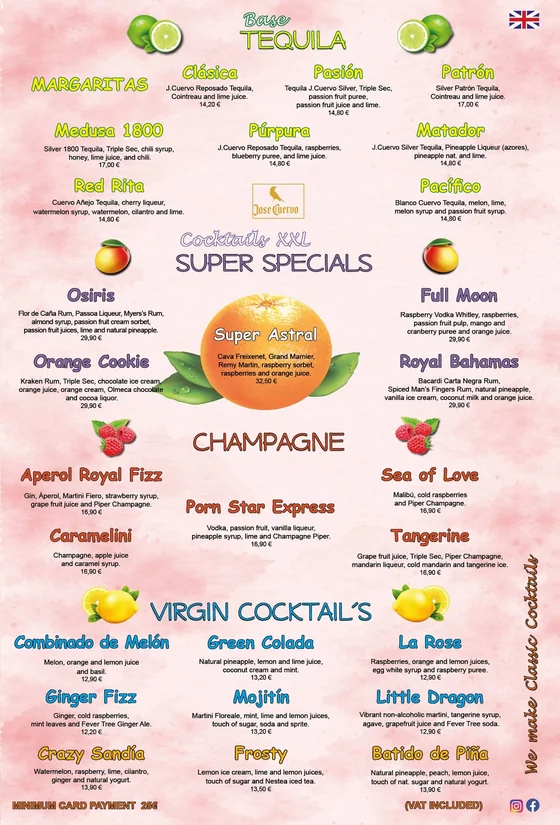 Menu page: tequila, XXL super specials, champagne and virgin cocktails.