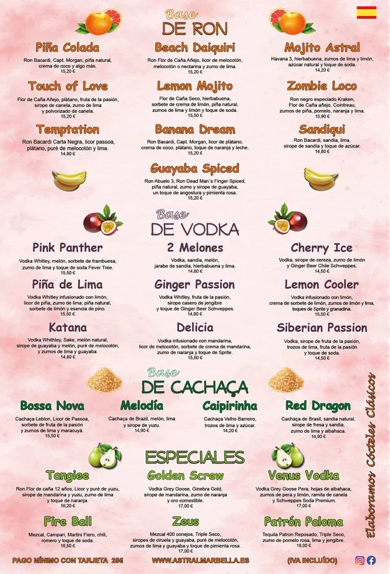 Carta: ron, vodka y cachaça.